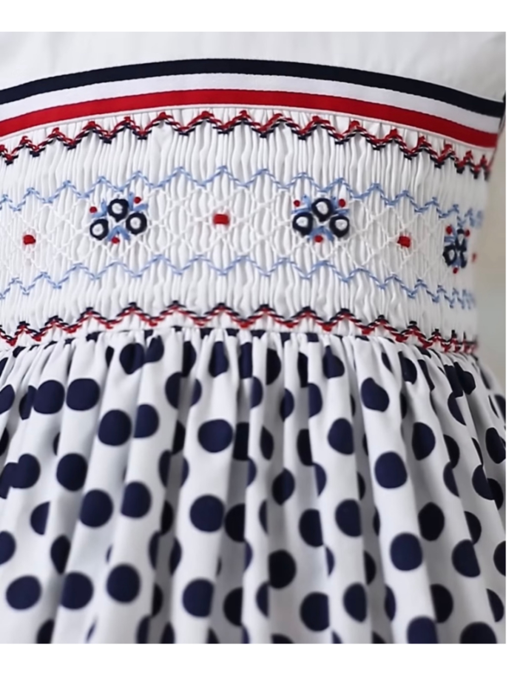 Girls Pettigirl Polka Dot Smocked Dress Size 8 White Navy Red - Picture 3 of 8